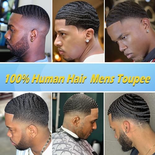 Man Weave Hair Unit 6inch hair length 360 Wave Skin Pu for Black Men 100% Human Hair Afro 12mm Toupee African American MenToupees 8x10inch 1# Jet Black - Image 5