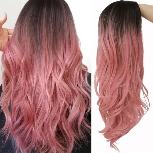 Long Curly Wavy Ombre Pink Wig for Women Synthetic Replacement Costume Halloween Natural Hair Wigs for Daily Use by Beweig