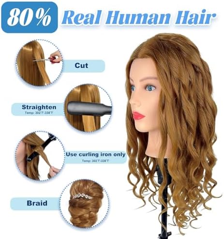 Mannequin Head Human Hair-Cosmetology Manikin Doll Head with 80% Real Hair for Hairdresser Practice Styling Braiding with Tripod Stand & Table Clamp (Amber Brown) - Image 3