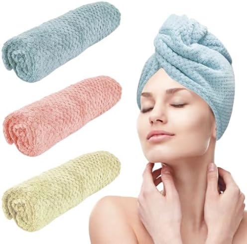 3 Pack Microfiber Hair Dring Towel Wrap for Women,Fast Drying Hair Turban, for All Hair Style Anti Frizz, Large Hair Towel with Button(Yellow Orange Blue) by YHPDYL