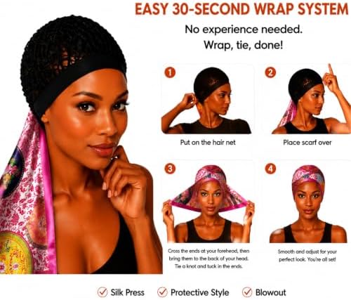 2 in 1 Wrap Cap Hair Net and Scarf for Silk Press, Satin Wrap Cap Bonnet for Women, Adjustable Stay-On Sleep Hair Net Scarf for All Hair Types (Rose pink, One Size) - Image 6