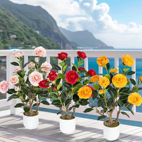 2 Pack Artificial Camellia Tree with White Pot, 24" Faux Potted Plants for Indoor Outdoor Decor, Tall Silk Greenery Plant for Home Office Living Room Balcony, Red - Image 7