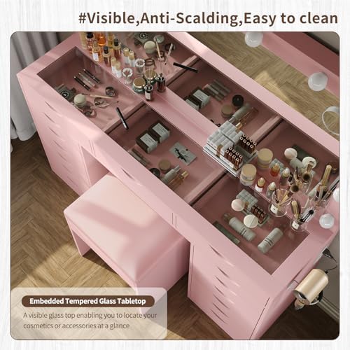 Yanosaku 15 Drawers Vanity Desk with Power Outlet, Makeup Table with Mirror and 13 LED Lights, 3 Color Lighting Modes, Brightness Adjustable, Glass Top Dressing Table, Vanity Set for Bedroom, Pink - Image 6