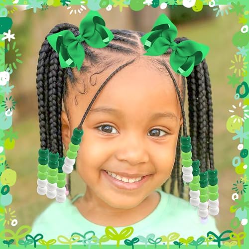 NAISKA 62PCS Green Hair Beads for Braids Kids Girls Hair Bow Clips 3 Colors Loc Beads Cute Bowknot Hair Clips Jewelry Hair Accessories for Girls - Image 3