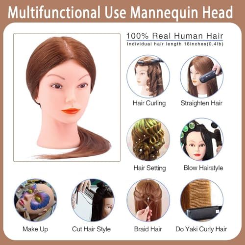 Mannequin Head with 100% Human Hair, TopDirect Real Hair Cosmetology Mannequin Head Hair Styling Hairdressing Practice Training Doll Head with Clamp Holder and Tools (Dark Brown) - Image 6