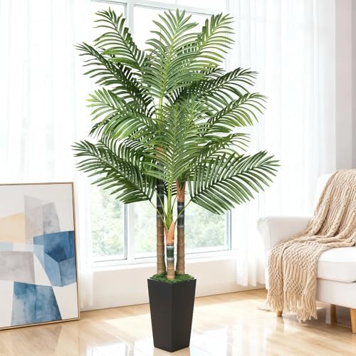 6ft Artificial Palm Tree Indoor Plant，Triple Faux Tropical Areca Floor Plant in Pot，Artificial Plants with Lifelike Leaves for Home Office Decor by EOOIOGARDEN