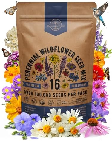 Organo Republic 16 Perennial Wildflower Seeds Mix for Indoor & Outdoors. 100,000+ Non-GMO, Heirloom Wildflower Garden Seeds, 4oz Packet for Growing Wild Flowers to Attract Bees, Butterflies & Birds by OrganoRepublic