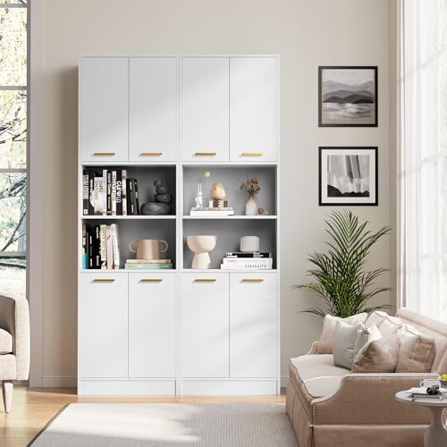 Cozy Castle Kitchen Pantry Cabinet, 75" Tall Wood Storage Cabinet with Doors and Shelves, 4 Doors Open Countertop Utility Hutch Cupboard for Dining Room Living Room Bathroom Furniture, White - Image 4