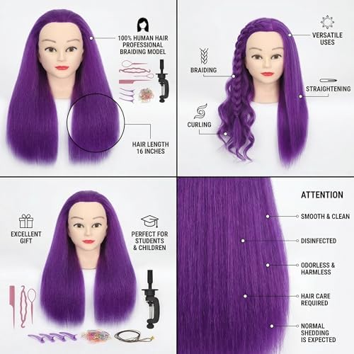 100% Real Hair Mannequin Head Training Head Manikin Cosmetology Doll Head for Hairdresser Practice Braiding Hair Styling with Clamp stand (18-inch) - Image 4