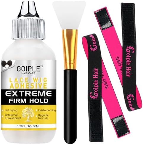 Wig Glue for Lace Front Wigs, Waterproof Lace Front Wig Adhesive & Silicone Applicator for Wigs, Strong Hold Transparent Lace Glue Edge Band for Hair Replacement Invisible Hair Bonding Adhesive(4PCS) by Goiple