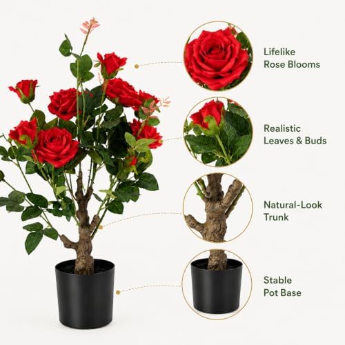 24’’ Artificial Rose Tree, 2 Pack Faux Rose Plants with Red Flowers and Green Leaves, 2FT Silk Potted Tree for Indoor Outdoor Home Office Porch Garden Decor, Red - Image 3