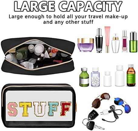 Iqimott Clear Patch Makeup Bag Stuff Pouch, Preppy Personalized Chenille Letter Cosmetic Pouch for Travel, Nylon Waterproof Organizer Travel Essentials Zipper Toiletry Bags for Women Girls(Black) - Image 4