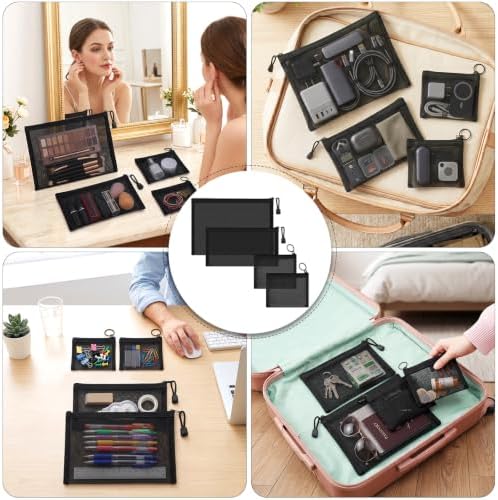 Mesh Bags with Zipper Set (4 Packs), Nylon Makeup Bag Cosmetic Pouches Travel Organizer Case for Purse Diaper Bag Home Organizing Black 2*Mini/1*Medium/1*Large - Image 4