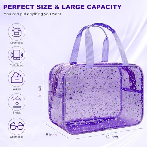 Clear Purple Star Large Makeup Bag with Star Pattern 12x5x8 inch, Travel Cosmetic Bag with Handle, Durable PVC Material Washbag Zipper Opening Design for Makeup Travel Organizer or Gym Use - Image 2