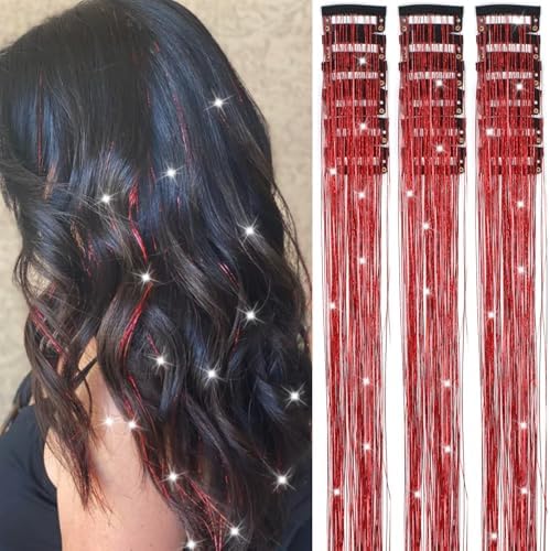 18 Pcs Hair Tinsel Clip in, 20.5 Inch Glitter Tinsel Hair Extensions, Shiny Sparkling Fairy Hair Tinsel Clips, Dazzling Party Hair Accessories for Girls Women Kids (Red) by Nielp