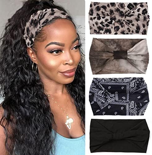 XTREND 4 Packs Wide Headbands Fashion Headscarf Bohemian Style Elastic Knotted Non-slip Headband Suitable For Black Women Outdoor Yoga Sports Printed Hair Accessories by XTREND