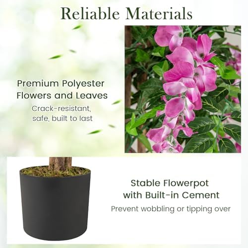 Goplus 5.5FT Ficus Artificial Tree, 2 Pack Faux Wisteria Tree in Nursery Pot with Blooming Flowers, Fake Potted Tree Greenery Floor Plant for Indoor Home Office Porch Living Room Decor - Image 4