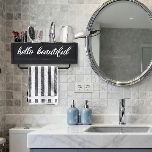 Hair Dryer Holder Wall Mounted, Hair Tools and Styling Organizer with Towel Bar, Farmhouse Beauty Hair Appliance Holder for Flat Iron, Curling Wand, Towel Rack (Black) - Image 2