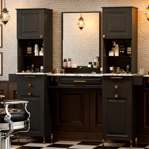Beauty Salon Station, Hair Salon Station w/Glass Shelf & Golden Handles, Stylist Station for Salon w/6 Hair Dryer Holders, 2 Storage Cabinet & Drawers(Black) - Image 2