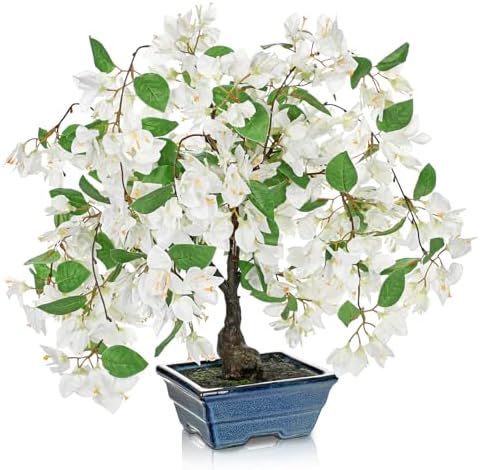 Briful Artificial Bougainvillea Tree in Blue Pot 18.5" Tall Faux Bougainvillea Floral Tree Tropical Silk Fake Bougainvillea Plant for Home Office Living Room Table Décor(White) by Briful