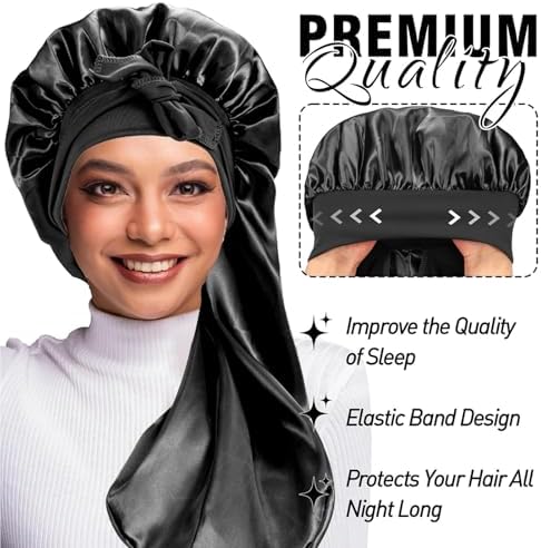 2Pcs Bonnets for Black Women Braid Bonnet, Large Long Satin Bonnet for Braids, Silk Bonnet with Stretchy Tie Band Sleep Cap Hair (2Pcs-Black&Leopard) - Image 2