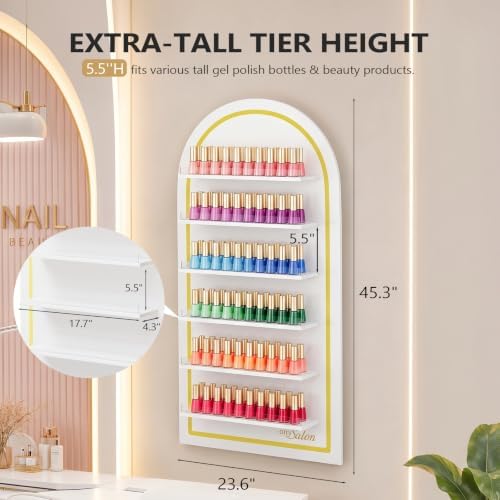 OmySalon 6-Tier Nail Polish Display, Arched Wall Rack,White Shelf Organizer - Image 3