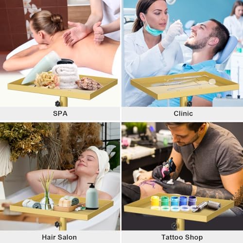 Salon Rolling Tray Hair Stylist Tray Cart, Tattoo Tray Dental Tray Adjustable Height, Metal Service Tray Trolley, Medical Storage Tray Cart Rolling Trolley (Champagne Gold) - Image 6