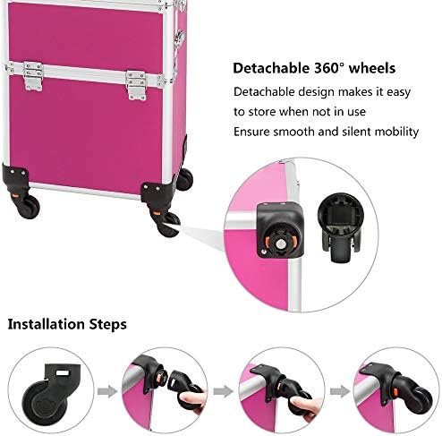 mefeir 3 in 1 Rolling Makeup Train Case, Aluminum Makeup Travel Organizer Cosmetic Case, Cosmetology Display Suitcase on Wheels, Beauty Storage Luggage Lockable w/4 Removable Wheels (Rose-Pink) - Image 7