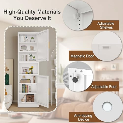 67" Tall Narrow Bathroom Storage Cabinet, Metal Pantry Cabinet, White - Image 4