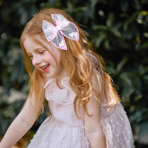 Pink Floral Hair Bow for Girls 4" Flower Mesh Ribbon Fable Bow Hair Clips - Image 4