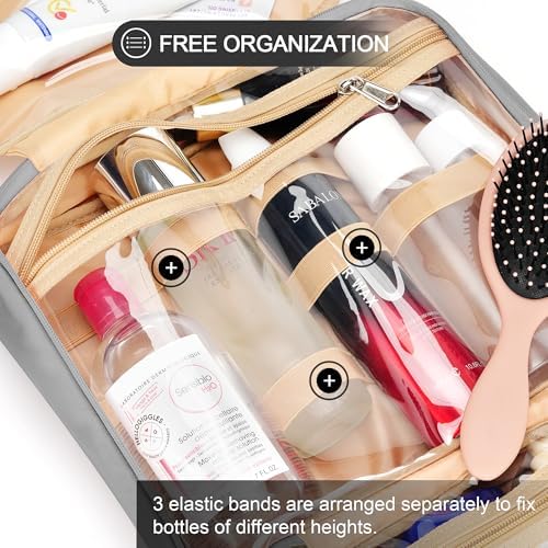 COOSKY Travel Hanging Toiletry Bag for Women, Large Makeup Bag 8 Leak Proofing Silicone Bottle Covers, Waterproof Cosmetic Bag with Jewelry Organizer Compartment, Toiletries Kit Set, Grey - Image 6