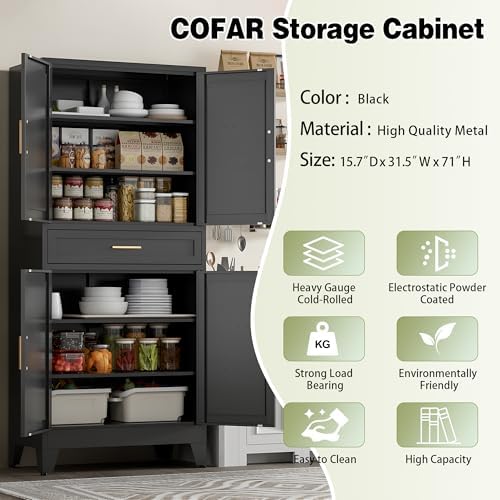 COFaR 71" Tall Metal Storage Cabinet with 4 Doors and 4 Adjustable Shelves, 6-Tier Farmhouse Storage Cabinet with Drawers and Legs, for Office, Home, Garage, Gym, School, Living Room, Hallway（Black） - Image 5