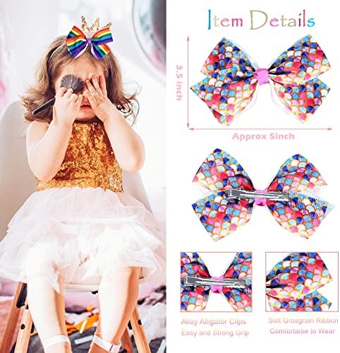 5 Inch Hair Bows for Girls,Colorful Rainbow Heart Girls Hair Bows - Image 4