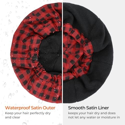 Shower Cap for Men Red Plaid Bath Cap, Reversible Large Waterproof Adjustable Shower Caps Terry Lining & Elastic Band Stretch Hem Hair Hat - Image 5
