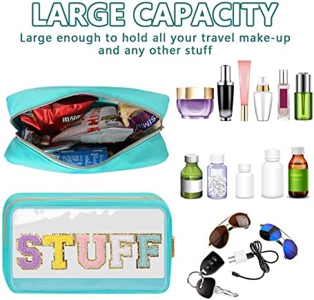 Iqimott Clear Patch Makeup Bag Stuff Pouch, Preppy Personalized Chenille Letter Cosmetic Pouch for Travel, Nylon Waterproof Organizer Travel Essentials Zipper Toiletry Bags for Women Girls(Green) - Image 4