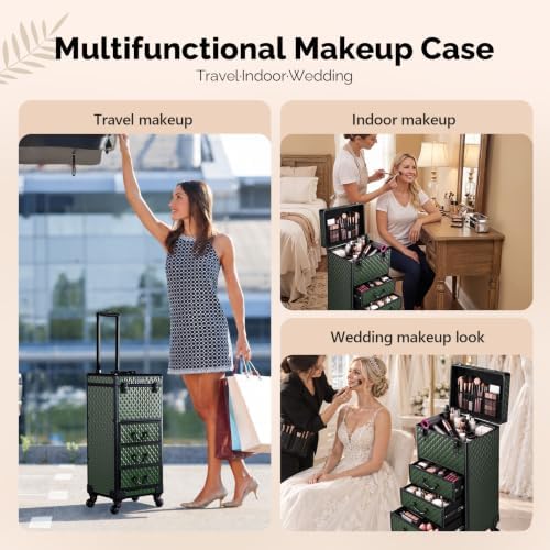 OmySalon Rolling Makeup Train Case with 3 Drawers, Cosmetology Case on Wheels w/Pull Handle and Removable Wheels, Large Cosmetic Organizer Storage Box for Nail Tech, Makeup Artist(Dark Green) - Image 5