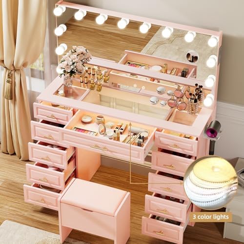 VOWNER Vanity with Lighted Mirror, Makeup Vanity Desk w/Bluetooth Speaker - Image 5