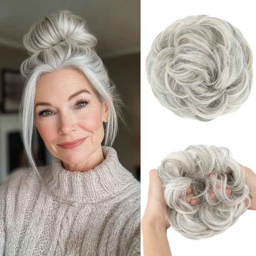 CJL HAIR Large Messy Bun Hair Piece Wavy Curly Scrunchies Synthetic Chignon Ponytail Hair Extensions Thick Updo Hairpieces for Women Grey Multi by CJLHAIR