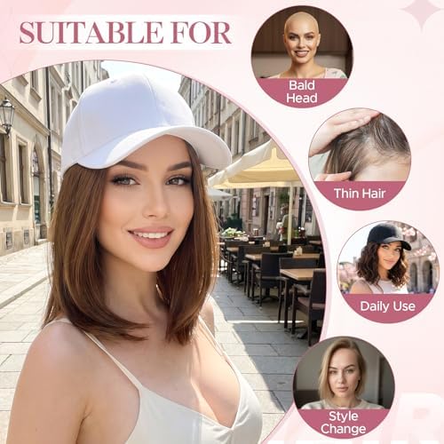 SEGO Baseball Cap with Hair Extensions for Women Synthetic Hair Attached Short Straight Hairpiece White Baseball Cap Wig Adjustable Hat Wigs for Women 6 Inch 10P22T Medium Brown Mix Dark Blonde - Image 4