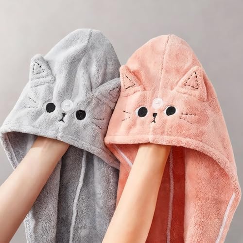 2Pack Microfiber Hair Towel Wrap for Kids, Cute Cat Absorbent Hair Drying Turbans Head Towels for Women Girls (Pink and Gray cat) - Image 4