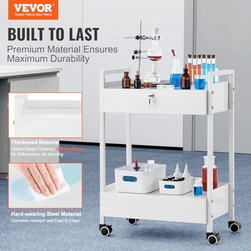 VEVOR Rolling Medical Cart with Lockable Drawer, White Paint Stainless Steel Utility Cart, 2 Tiers Mobile Esthetician Trolley Cart with Swivel Casters for Lab, Hospital, Dental, Salon and Beauty - Image 2
