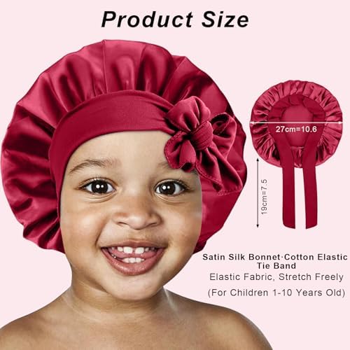 3 Pcs Kids Silk Bonnet for Sleeping-Baby Kids Satin Hair Bonnet for Curly Hair Girls Boys with Wide Elastic Band,Sleeping Cap for Teens Toddler (Wine Red+Black+Blush Pink) - Image 2