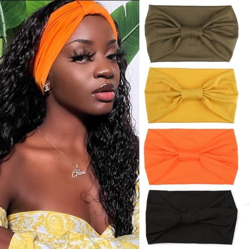 XTREND 4 Pcs Wide Headbands for Women Stylish Head Wraps Boho Sport Yoga Headband Hair Accessories Solid Color Breathable Ultra Soft Head Band Tie for Women (Black, Army Green, Turmeric, Orange) by XTREND