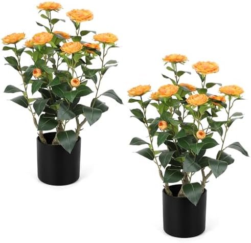 Romantic Season 2FT Orange Artificial Camellia Tree 2Pack, Faux Camellia Plant Fake Potted Camellia Flower Tree for Modern Home Office Living Room Floor Décor by RomanticSeason