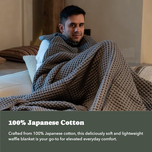 Luxury Organic Japanese Cotton Waffle Towelket Throw Blanket Bedspread for All Sleepers | Soft, Breathable and Thermoregulating (Smoke Grey, 67''x91'') - Image 2