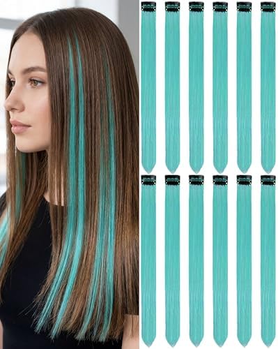 12 PCS Teal Blue Hair Extensions Clip in, 22 Inch Colored Party Synthetic Neon Highlights Extensions, Rainbow Hair Accessories for Women Hair Pieces (Teal Blue) by Olldag