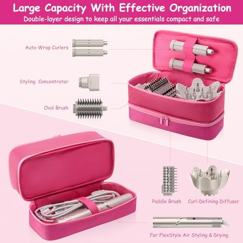 Adworte Travel Carrying Case for Hair Dryer for Shark Flexstyle Double-Layer Hair Accessories Tools Storage Bag for Revlon Hairdryer Styler Organizer (P-PINK) - Image 2