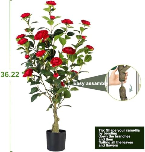 Artificial Camellia Tree 2 Pack, 3FT Faux Camellia Plant in Pot, 36 inch Fake Potted Camellia Flower Tree Plastic Camellia Tree for Modern Home Office Christmas Living Room Floor Decor Indoor, Red - Image 3