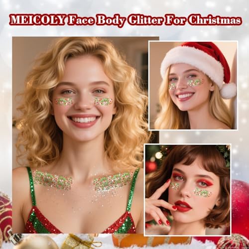 MEICOLY Christmas Face Glitter Gel with Snowflake Sequins,Red White Green X-MAS Body Glitter for Halloween,Christmas Hair Glitter Makeup for Women Girls,Stocking Stuffer Gifts for Kids - Image 6