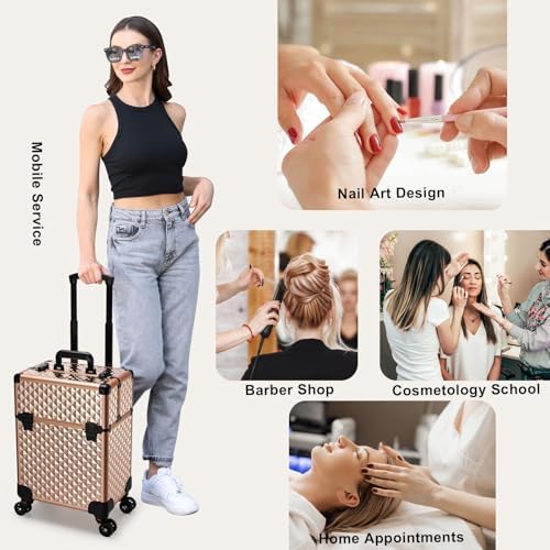 Stagiant Rolling Makeup Train Case Large Storage Cosmetic Trolley 4 Tray with Sliding Rail Removable Middle Layer with Key Swivel Wheels Salon Barber Case Traveling Cart Trunk - Image 5